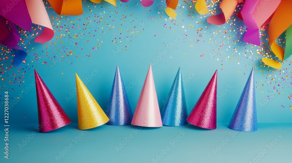 Aufkleber row of colorful party hats are arranged on a blue background. the hats are of different colors and s