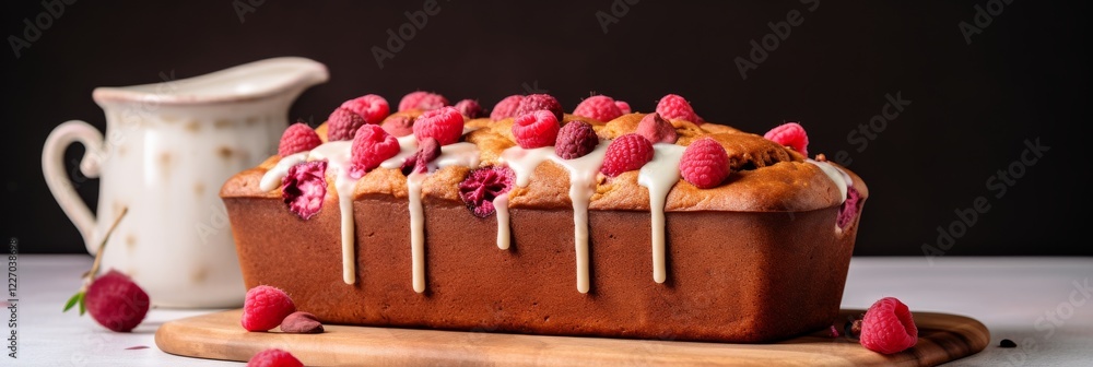 Poster delightful raspberry loaf cake topped with cream drizzle and fresh berries. generative ai