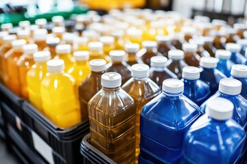 Collection of various faded plastic bleach bottles in a disorganized display at a recycling center, showcasing remnants of earlier use