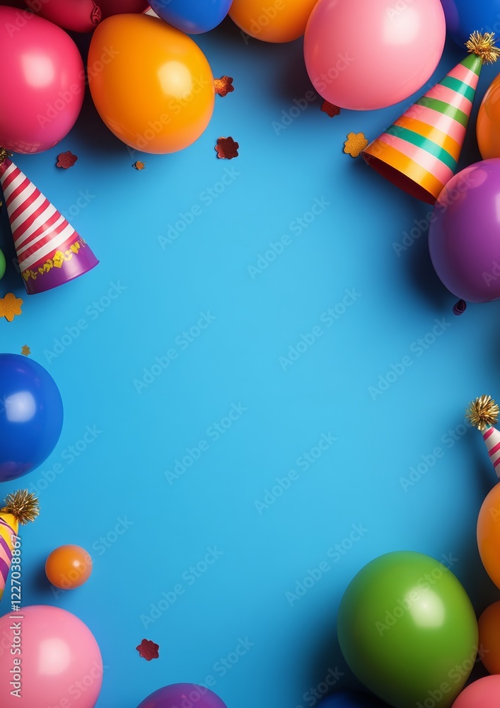 Poster blue background with a bunch of colorful balloons and party hats. the balloons are scattered around 