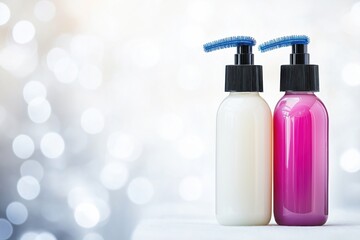 Nourishing shampoo and conditioner bottles for healthy, transparent hair care solutions, copy space