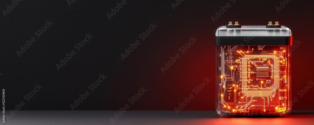 Poster battery storage innovation management concept. illuminated circuit board in a dark background showca