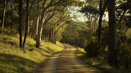 Fototapeta premium Golden sunlight illuminates a tranquil forest path, evoking peace and natural harmony.