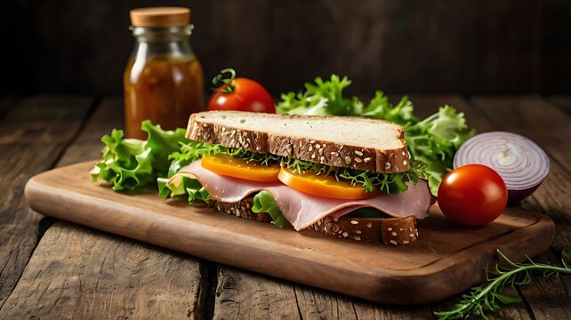 Homemade sanwich with ham, cheese, tomatos and lattuce