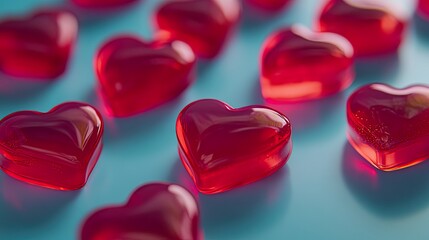 Vibrant Red Heart-Shaped Jellies: Sweet Treats, Valentine's Day, Romantic Dessert, Gummy Candy, Love, Delicious, Shiny, Glossy, Festive, Culinary,    