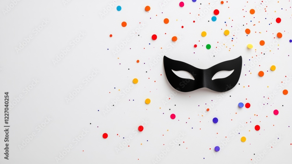 Poster black mask is on a white background with a lot of colorful dots. the mask is the main focus of the i
