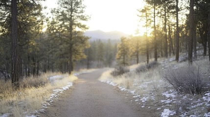 Golden sunlight illuminates a tranquil forest path, evoking peace and natural harmony.