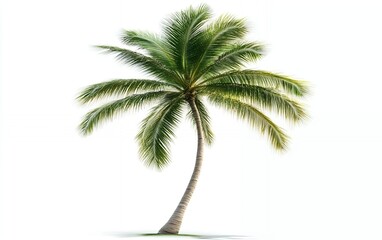 Graceful leaning coconut palm tree with lush green leaves on a pure white background symbolizing tropical serenity and elegance
