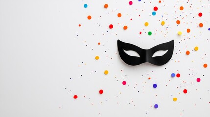 Black mask is on a white background with a lot of colorful dots. The mask is the main focus of the image, and the dots surrounding it create a sense of chaos and excitement
