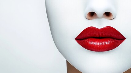 Woman's face is painted white and red. The lips are painted red and the eyes are closed. The woman's face is painted in a way that makes her look like a doll