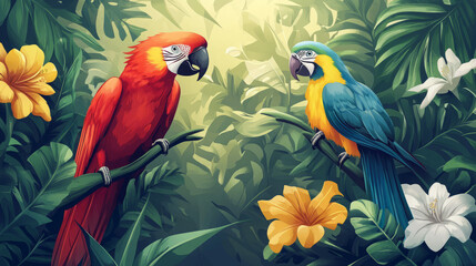 Two colorful parrots on branches in tropical forest with flowers