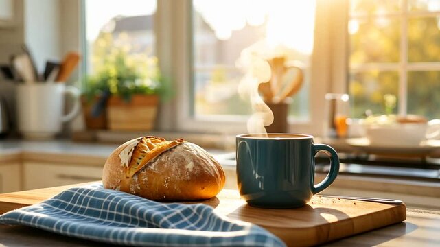 A warm kitchen scene featuring freshly baked bread and a steaming mug of coffee on the counter.
