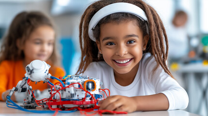 Children engage in hands-on robot-building workshop with engineers while exploring technology and creativity in a lively classroom setting