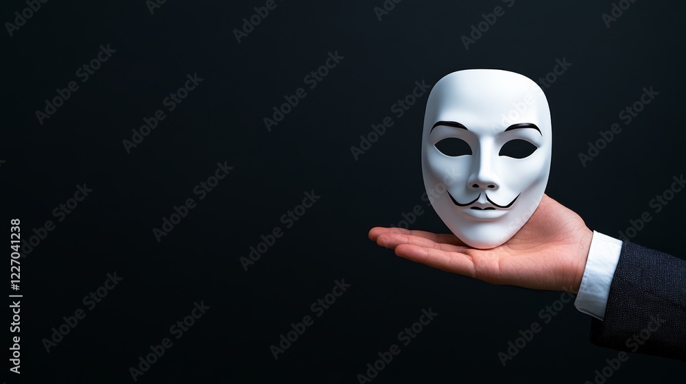 Poster hand holding a white mask with a smiley face on it. the mask is a symbol of anonymity and the idea o