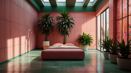 Serene Pink Bedroom Design with Green Tile Floor and Plants
