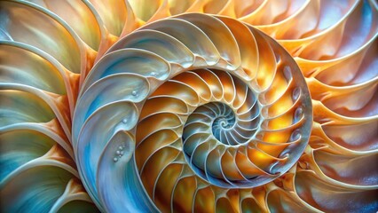 Intricate spiral patterns on a Nautilus shell, showcasing its unique architecture and beauty in close-up detail, marine life, underwater scene