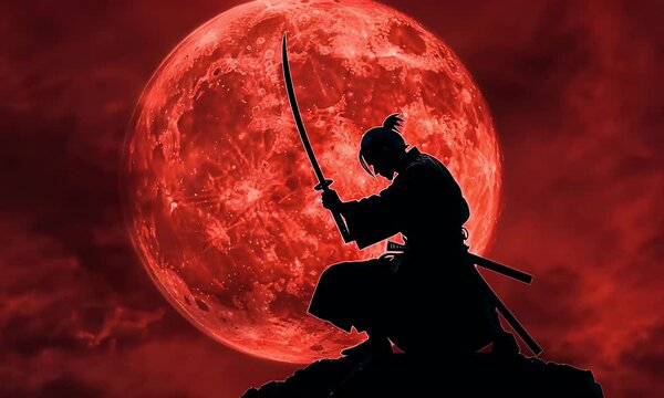 Samurai kneeling, red moon, night sky, film poster