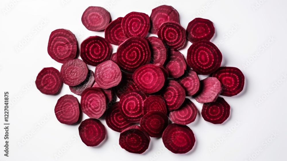 Poster freshly sliced beets arranged in a vibrant circular pattern on a white surface. generative ai