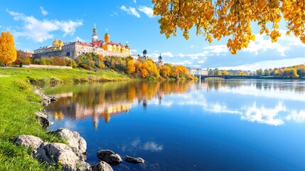 Obraz premium Autumnal castle reflection, riverside park, sunny day, travel brochure