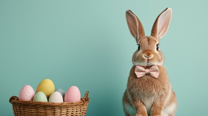 Easter bunny day concept. Adorable Easter Bunny Wearing Bow Tie Sitting Next to Basket of Eggs