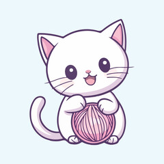 Cute Cat Playing Yarn Ball Cartoon Vector Icon Illustration