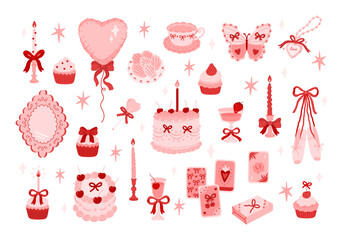 Coquette aesthetic set clipart. Decorative elements balloon, cakes, cup, ballet shoes, lollipop, cookies, cocktails, taro cards, butterfly, pendant, candles. Elegant vintage decor. Festive collection