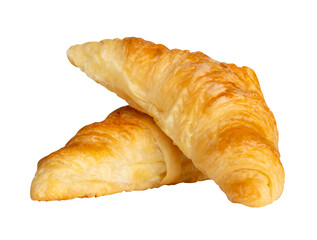 Side view of two brown or golden croissants in stack isolated with clipping path in png file format