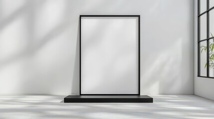 Horizontal black frame mockup displayed on concrete floor against a white wall for design presentation