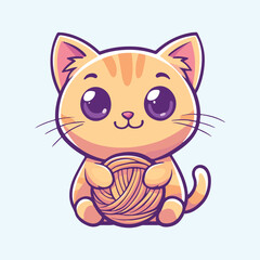 Cute Cat Playing Yarn Ball Cartoon Vector Icon Illustration
