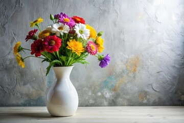 Clean lines, white vase, vibrant blooms. Minimalist home decor, captured from a low angle.