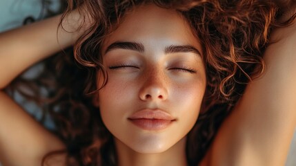 Fototapeta premium A woman with her eyes closed, appearing relaxed and at peace.