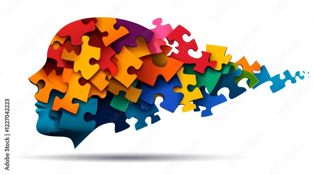 Poster colorful puzzle head with a jagged edge. the puzzle pieces are of different colors and sizes. concep