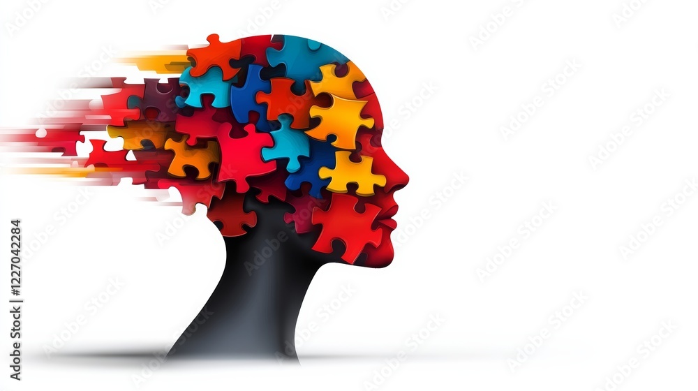 Poster colorful puzzle head with a black face. the puzzle pieces are scattered all over the head, creating 