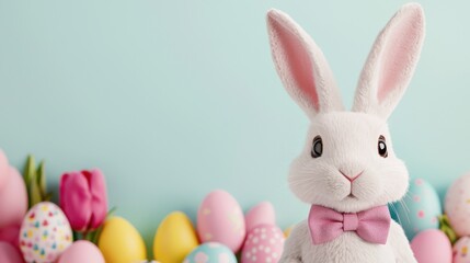 Fototapeta premium Easter bunny day concept. Cartoon Easter Bunny Wearing Bow Tie Standing in Pastel Studio Setting