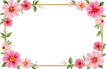 Fototapeta premium Pink spring flowers are arranged in a frame shape, with space for text in the center.
