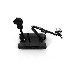 An automatic remote control robot deminer is approaching a mine isolated on a white background, Terrorism. Bomb. Robot. A robot disarms a bomb inside a car of terrorists. Bomb squad robot