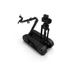 An automatic remote control robot deminer is approaching a mine isolated on a white background, Terrorism. Bomb. Robot. A robot disarms a bomb inside a car of terrorists. Bomb squad robot