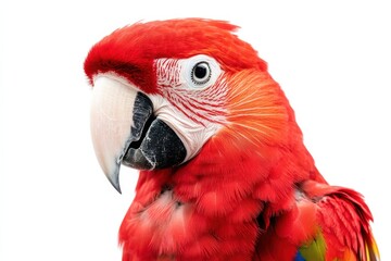 Fototapeta premium Vibrant Scarlet Macaw portrait against a white background.