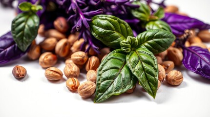Macro photo, coffee beans, fresh basil leaves, purple flower petals, vibrant colors, shallow depth of field, food photography