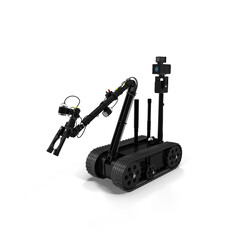 An automatic remote control robot deminer is approaching a mine isolated on a white background, Terrorism. Bomb. Robot. A robot disarms a bomb inside a car of terrorists. Bomb squad robot