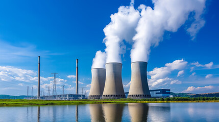 Obraz premium Clean energy power plants showcase modern technology in a serene landscape with cloud formations reflecting innovation and sustainability