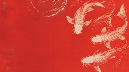 Colorful koi swimming, vibrant orange background, serene aquatic scene, decorative theme for relaxation or tranquility.