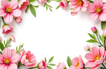 Obraz premium Pink spring flowers are arranged in a frame shape, with space for text in the center.