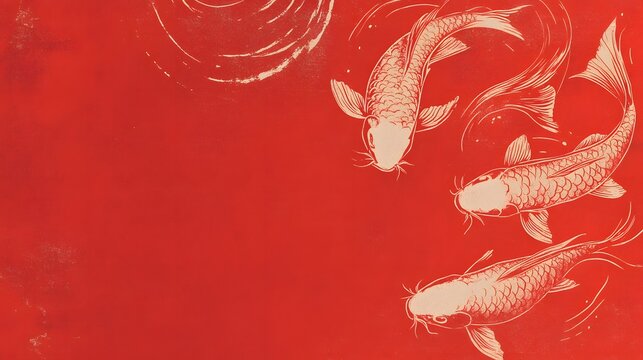 Colorful koi swimming, vibrant orange background, serene aquatic scene, decorative theme for relaxation or tranquility.