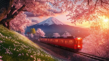 Cherry blossom with Red train in spring in Japan or Korea is the popular view spot,Illustration of Japanese spring,Panorama travel,tour advertising of world famous landmarks of Japan,autumn season.
