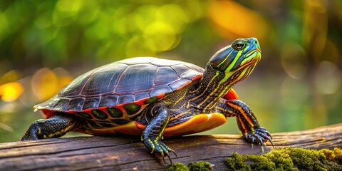 Obraz premium Close-up portrait of a Painted Turtle (Chrysemys picta), showcasing its vibrant shell and intricate skin texture in its natural pond habitat.