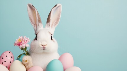 Easter bunny day concept. Elegant Easter Bunny Holding Flower in Paw on Pastel Background