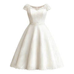 Prom night style fashion concept. A classic white dress with a fitted bodice and a flared skirt, featuring delicate lace accents on the shoulders.