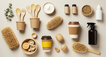 Eco Friendly Bathroom and Coffee Supplies Flat Lay