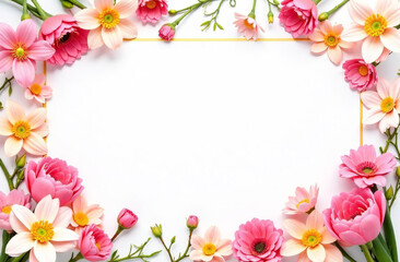 Pink spring flowers are arranged in a frame shape, with space for text in the center.
